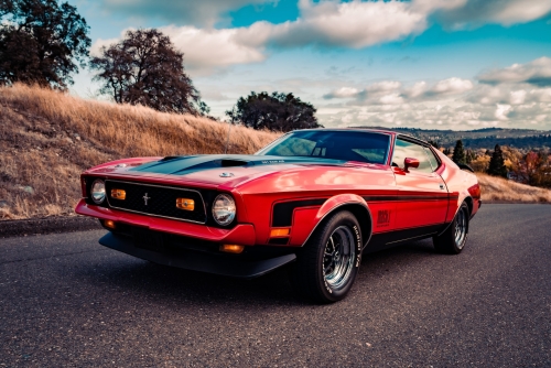 A vibrant red muscle car with sleek curves, symbolizing power and performance. TJ Nowak Supply enhances your driving experience with high-quality nitrous oxide, ensuring peak automotive performance.