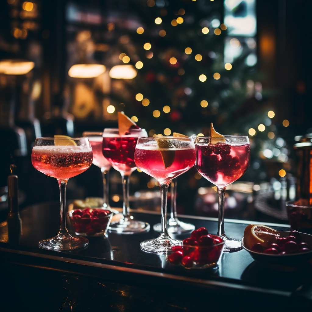 A collection of festive cocktails arranged on a bar, featuring vibrant colors and garnishes. In the background, Christmas decorations add a touch of holiday spirit.