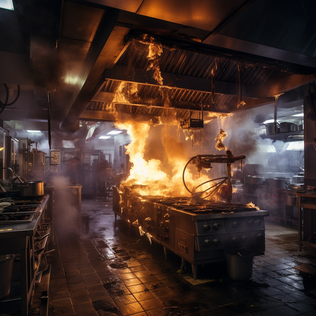 A controlled fire demonstration beneath a restaurant hood fire suppression system. The system is activated, releasing a swift and precise suppression agent to contain the flames, showcasing the crucial role of these systems in preventing kitchen fires.