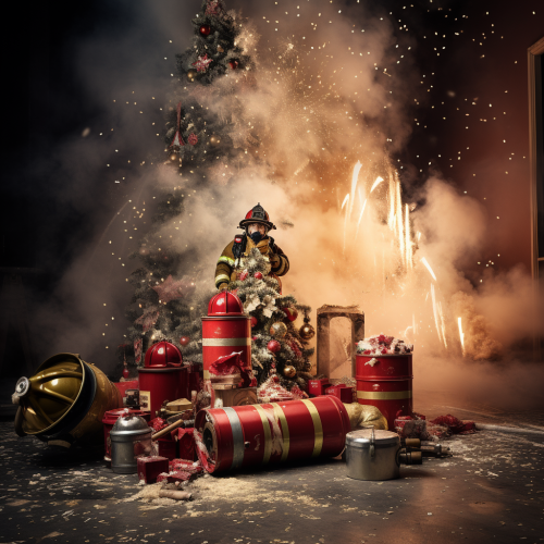 A festive holiday scene with a firefighter in full gear, standing proudly next to a Christmas tree made of fire extinguishers. Each extinguisher is strategically arranged, symbolizing the importance of fire safety during the holidays. Trust TJ Nowak Supply for all your fire safety needs – from expert services to high-quality extinguishers. Ensure your celebrations are both joyful and safe