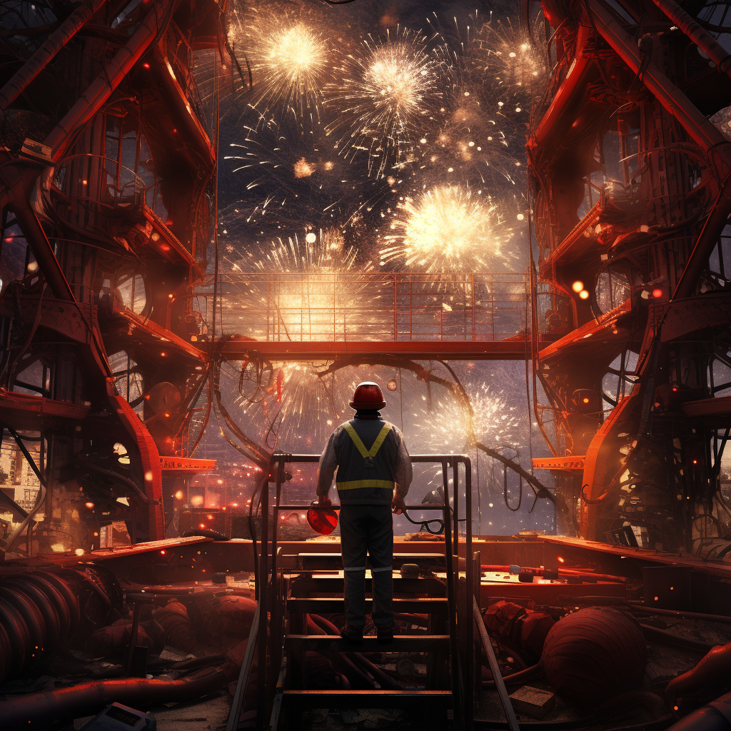 Construction worker at night viewing new years fireworks