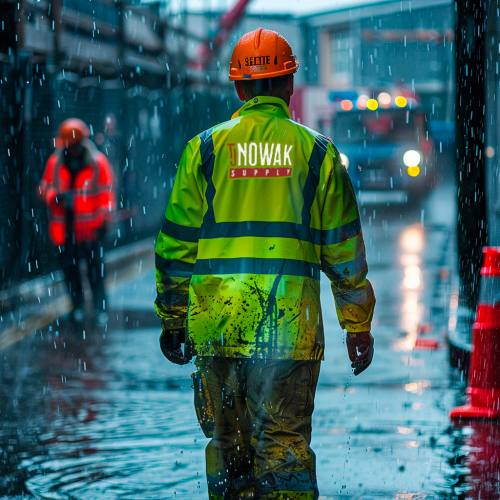 man standing in safety PPE high vis jacket and orange hard hat in the rain walking away you can see his back