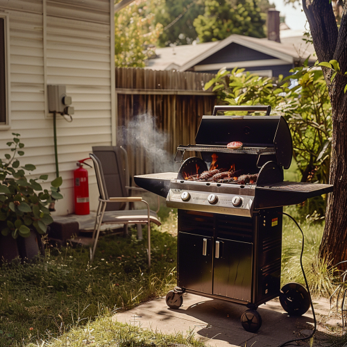 gas grill in backyard with meat on the girll and fire extingusiher